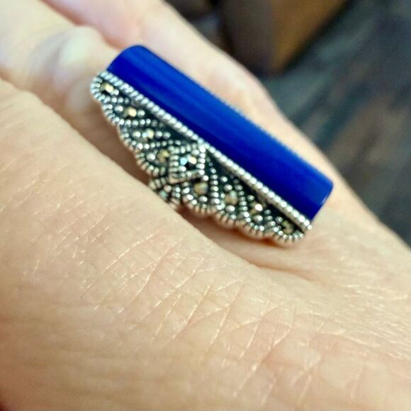Sterling Silver Blue Lapis Tall Marcasite Ring New - Picture 6 of 6